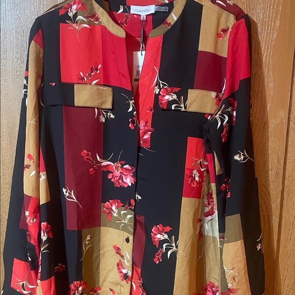 Calvin Klein Tops - NWT - Calvin Klein Women's Patchwork Floral Blouse - Red, Black, Gold